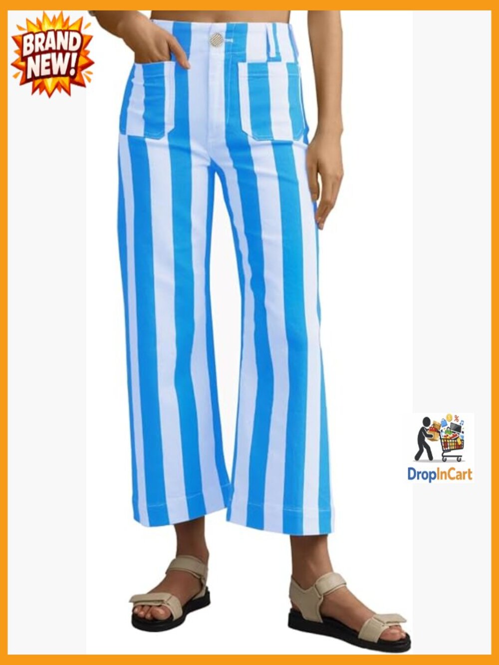 High Waist Wide Leg Striped Jeans with Pockets Stretchy Denim Pants